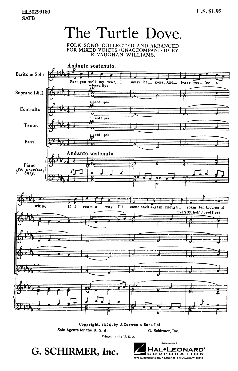 Ralph Vaughan Williams The Turtle Dove sheet music notes and chords arranged for SATB Choir