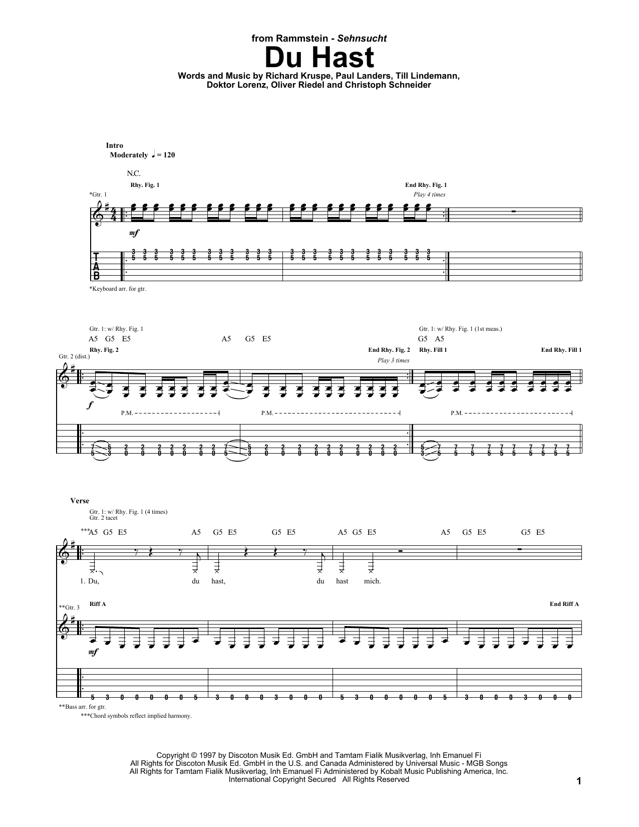 Rammstein Du Hast sheet music notes and chords arranged for Guitar Tab