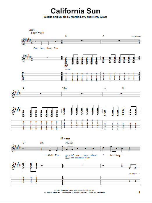 Ramones California Sun sheet music notes and chords. Download Printable PDF.