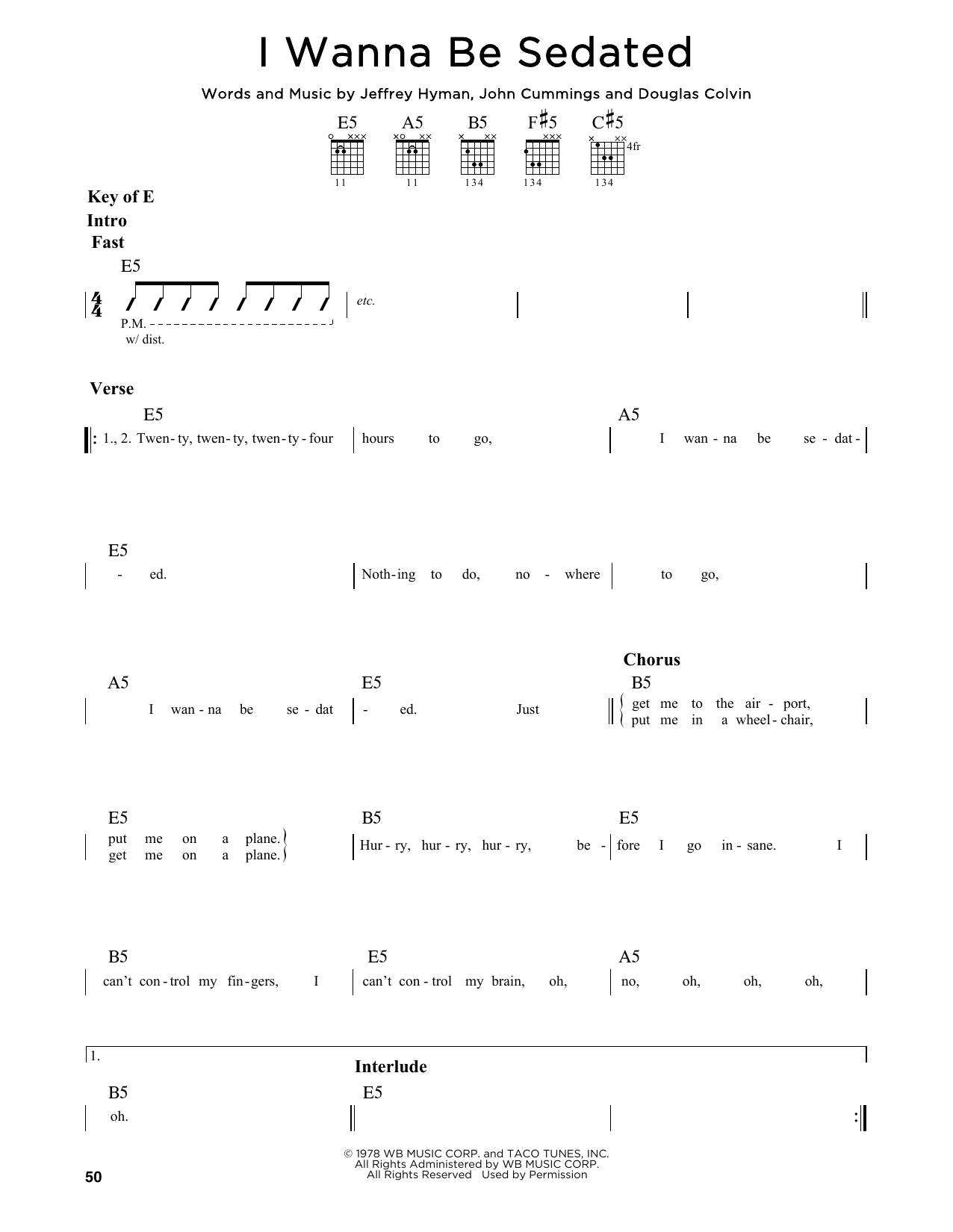 Ramones I Wanna Be Sedated sheet music notes and chords. Download Printable PDF.