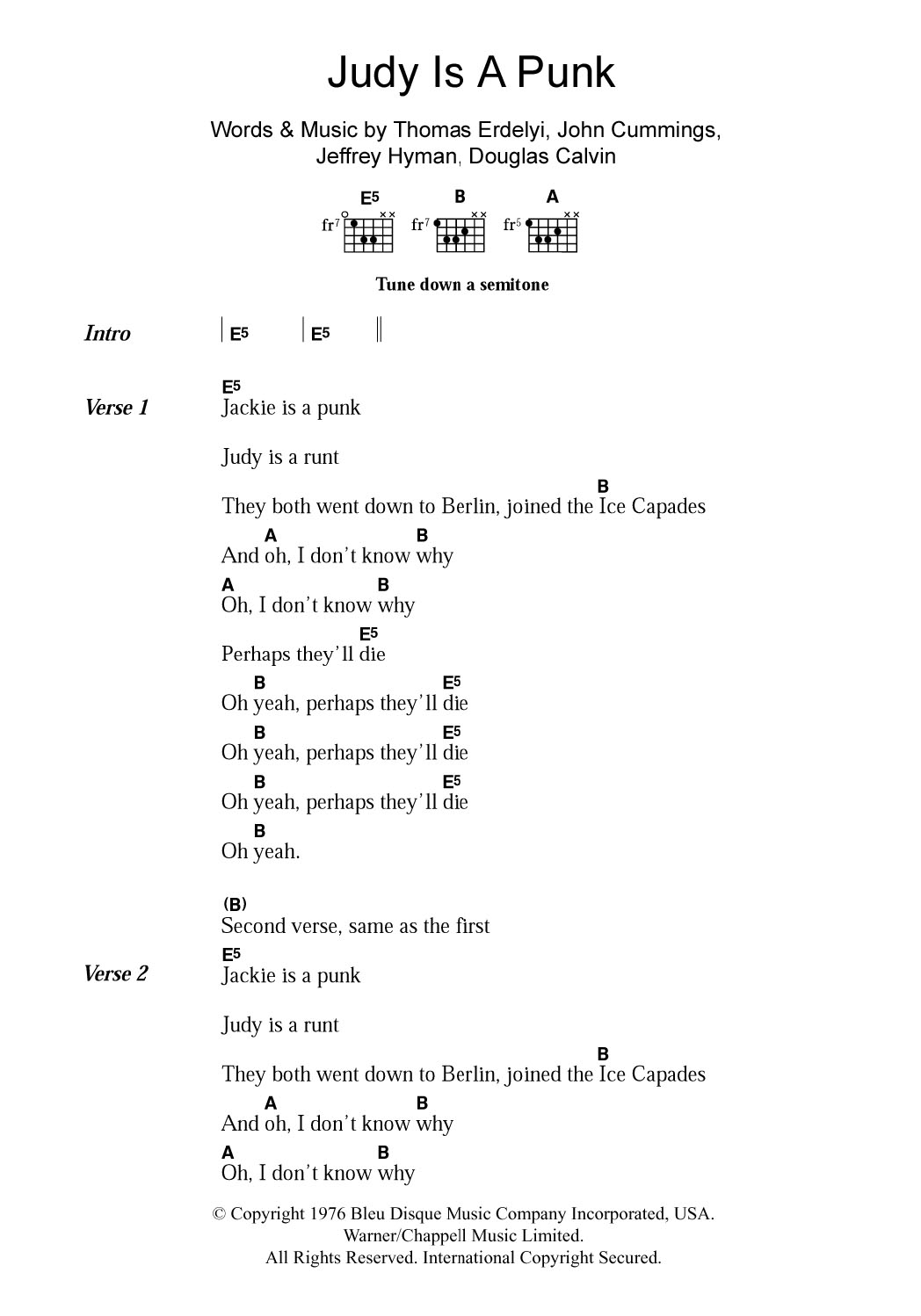 Ramones Judy Is A Punk sheet music notes and chords. Download Printable PDF.