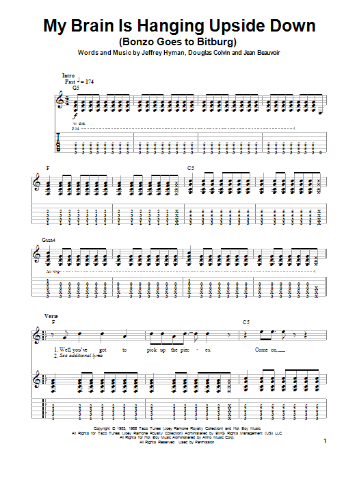 Ramones My Brain Is Hanging Upside Down (Bonzo Goes To Bitburg) sheet music notes and chords. Download Printable PDF.