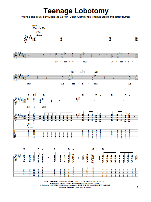 Ramones Teenage Lobotomy sheet music notes and chords. Download Printable PDF.