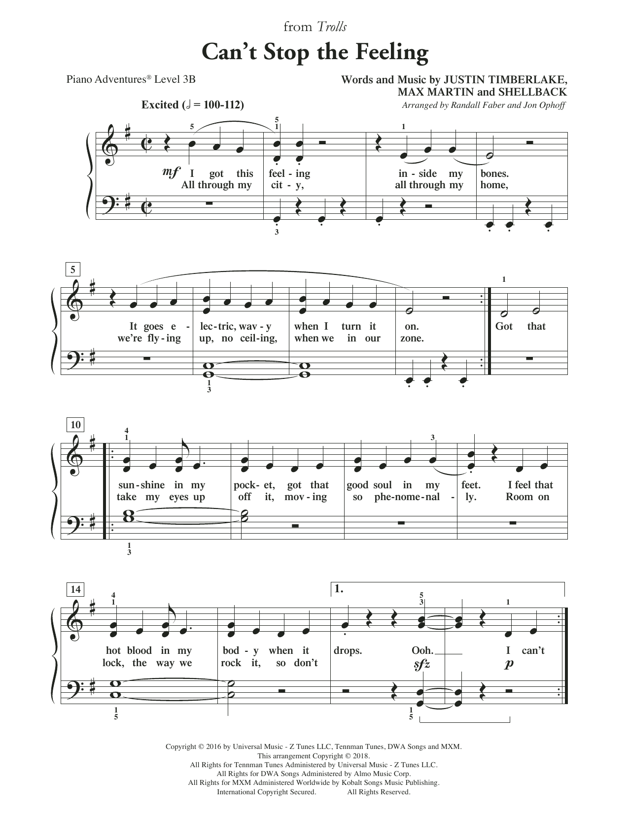 Randall Faber & Jon Ophoff Can't Stop the Feeling sheet music notes and chords. Download Printable PDF.