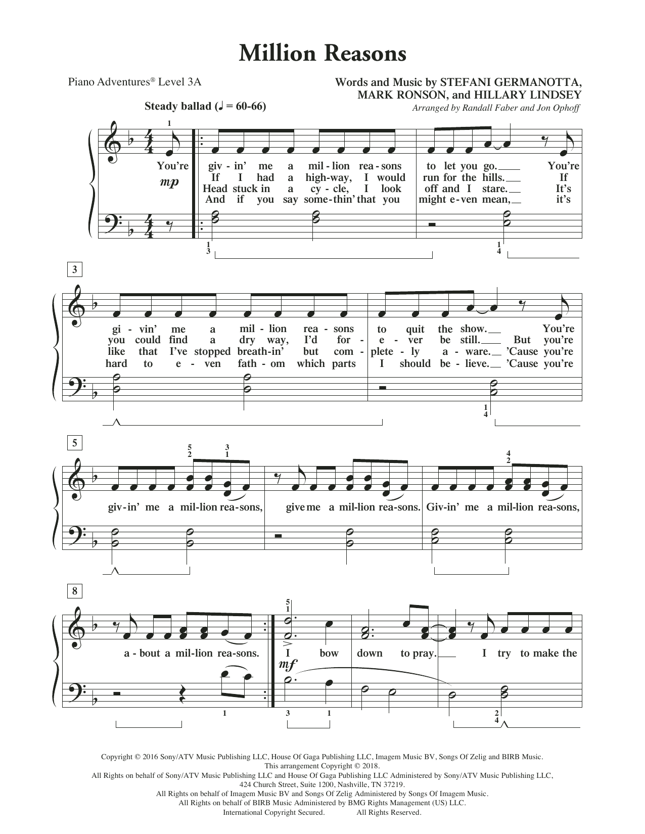 Learn to play Randall Faber & Jon Ophoff Million Reasons sheet music for Piano Adventures in minutes. Price: 5.9900$ Randall Faber & Jon Ophoff Million Reasons sheet music notes and chords arranged for Piano Adventures