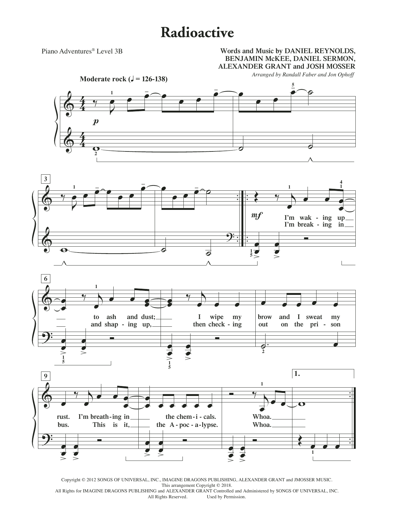Learn to play Randall Faber & Jon Ophoff Radioactive sheet music for Piano Adventures in minutes. Price: 5.9900$ Randall Faber & Jon Ophoff Radioactive sheet music notes and chords arranged for Piano Adventures