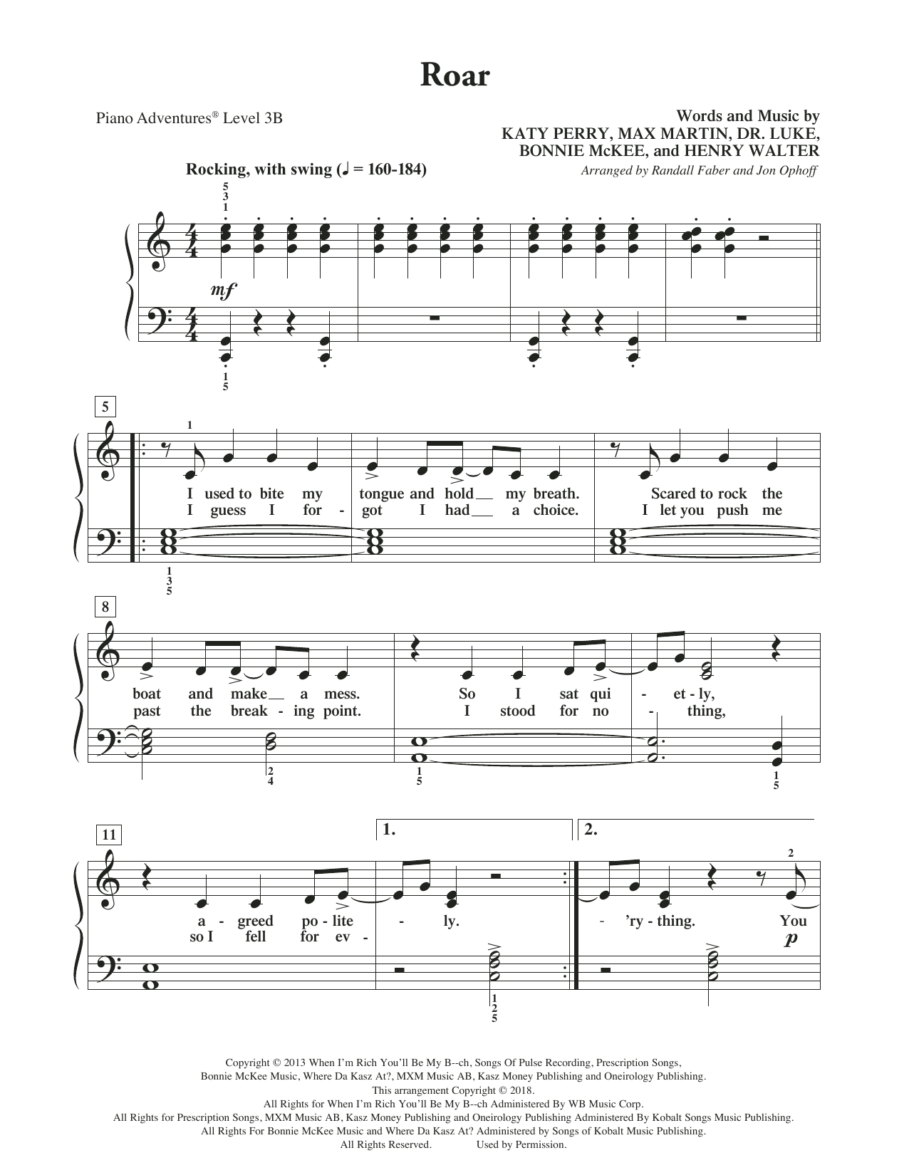 Learn to play Randall Faber & Jon Ophoff Roar sheet music for Piano Adventures in minutes. Price: 5.9900$ Randall Faber & Jon Ophoff Roar sheet music notes and chords arranged for Piano Adventures