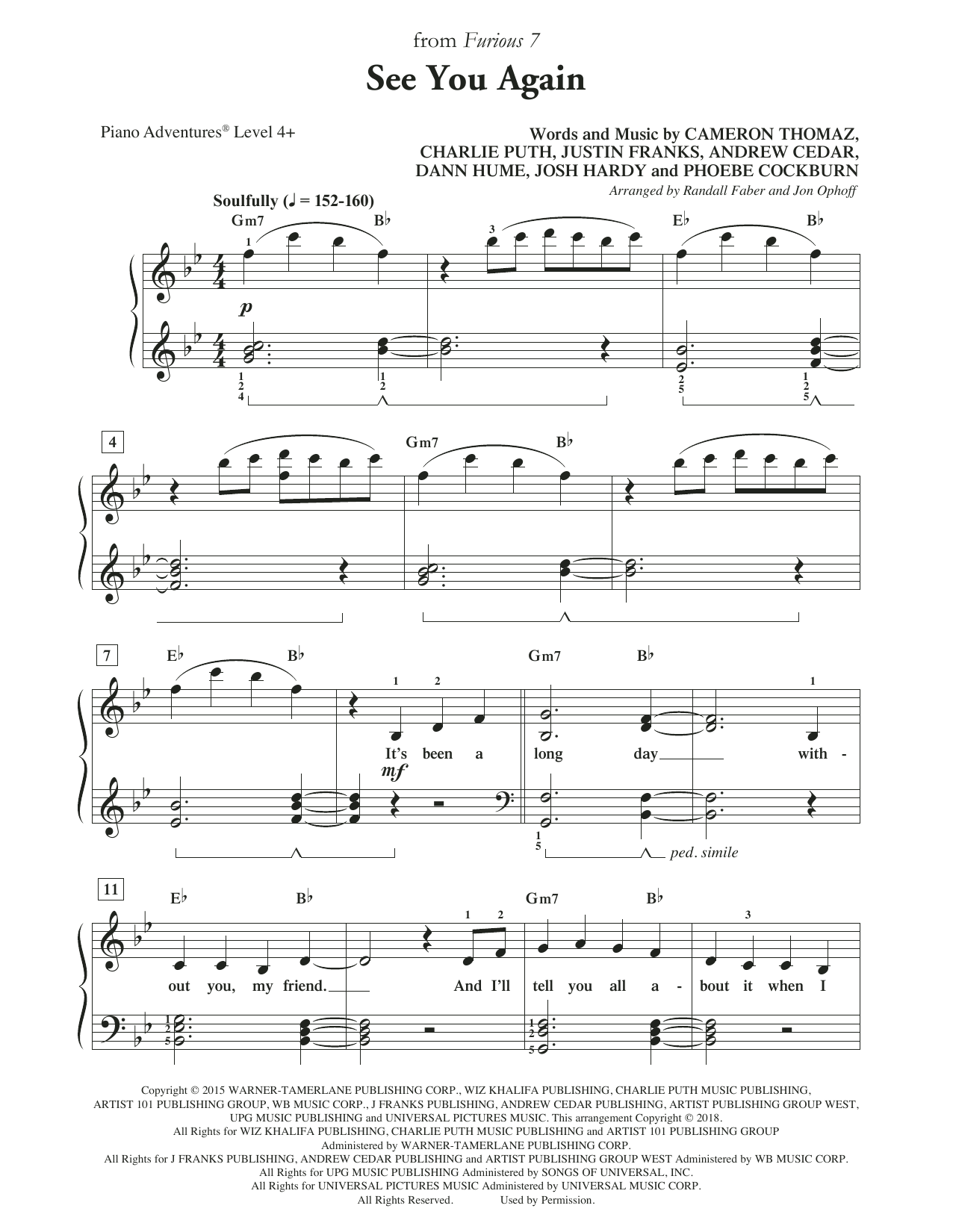 Randall Faber & Jon Ophoff See You Again sheet music notes and chords. Download Printable PDF.