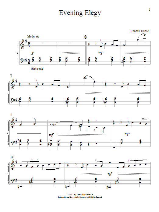Learn to play Randall Hartsell Evening Elegy sheet music for Educational Piano in minutes. Price: 6.9900$ Randall Hartsell Evening Elegy sheet music notes and chords arranged for Educational Piano