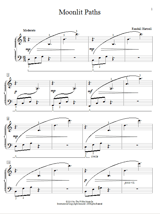 Learn to play Randall Hartsell Moonlit Paths sheet music for Educational Piano in minutes. Price: 6.9900$ Randall Hartsell Moonlit Paths sheet music notes and chords arranged for Educational Piano