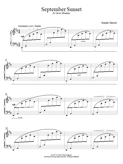 Learn to play Randall Hartsell September Sunset sheet music for Educational Piano in minutes. Price: 6.9900$ Randall Hartsell September Sunset sheet music notes and chords arranged for Educational Piano