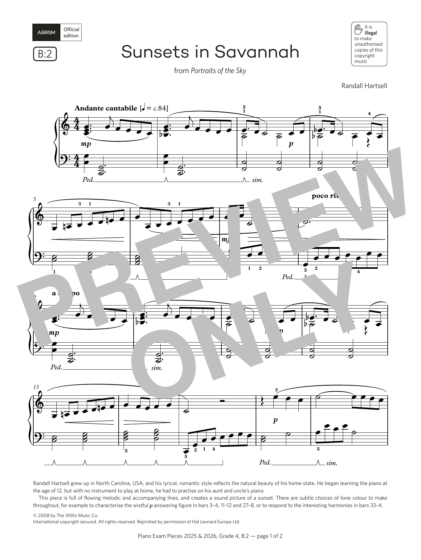 Randall Hartsell Sunsets in Savannah (Grade 4, list B2, from the ABRSM Piano Syllabus 2025 & 2026) sheet music notes and chords. Download Printable PDF.