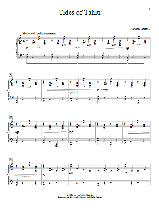 Learn to play Randall Hartsell Tides Of Tahiti sheet music for Educational Piano in minutes. Price: 6.9900$ Randall Hartsell Tides Of Tahiti sheet music notes and chords arranged for Educational Piano
