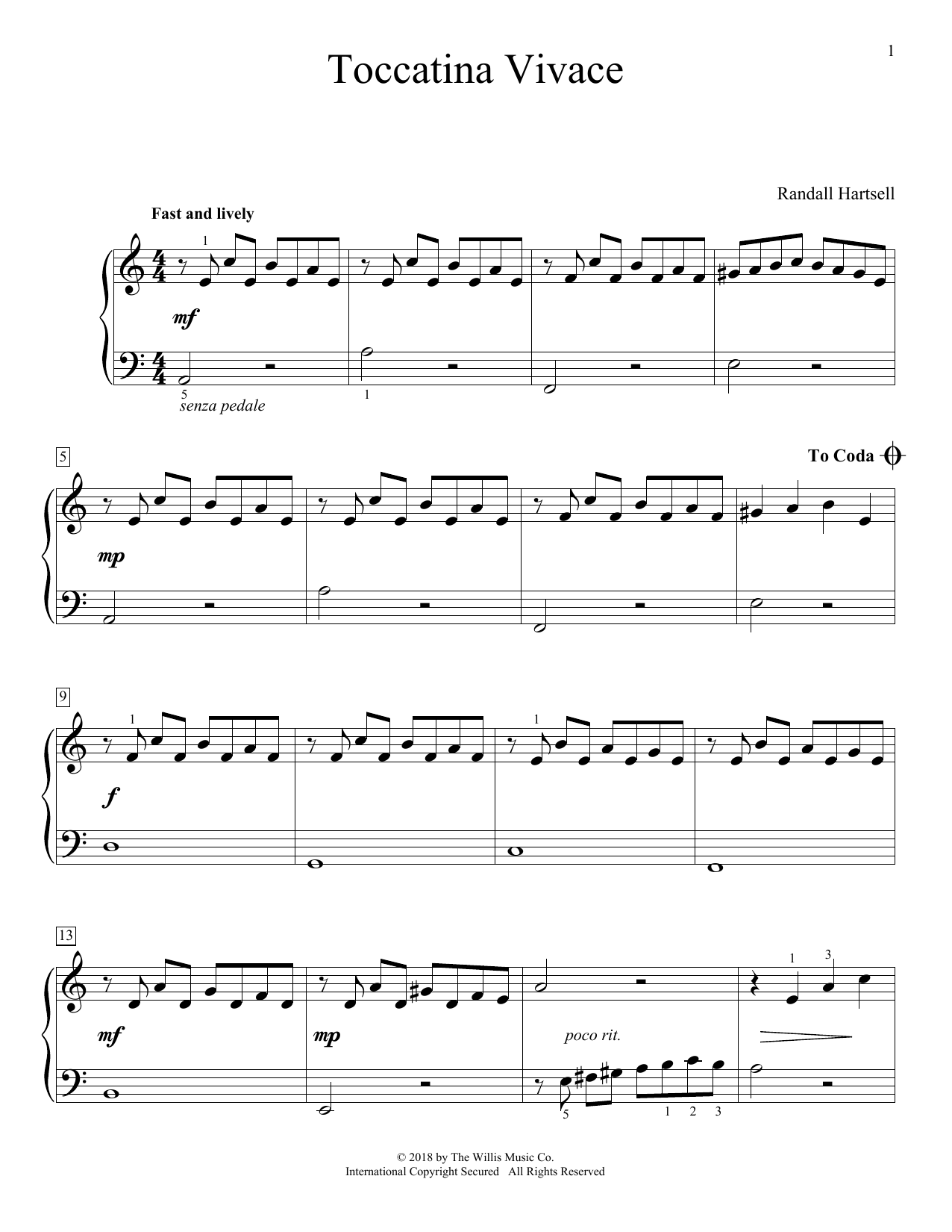 Learn to play Randall Hartsell Toccatina Vivace sheet music for Educational Piano in minutes. Price: 6.9900$ Randall Hartsell Toccatina Vivace sheet music notes and chords arranged for Educational Piano