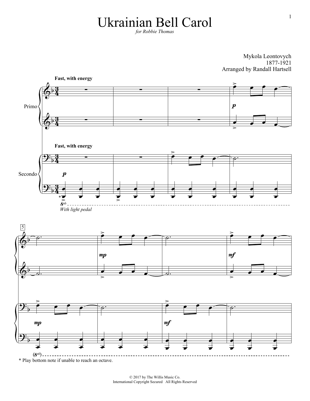 Learn to play Randall Hartsell Ukrainian Bell Carol sheet music for Piano Duet in minutes. Price: 7.8900$ Randall Hartsell Ukrainian Bell Carol sheet music notes and chords arranged for Piano Duet
