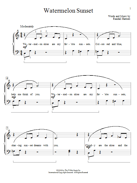 Learn to play Randall Hartsell Watermelon Sunset sheet music for Educational Piano in minutes. Price: 6.9900$ Randall Hartsell Watermelon Sunset sheet music notes and chords arranged for Educational Piano