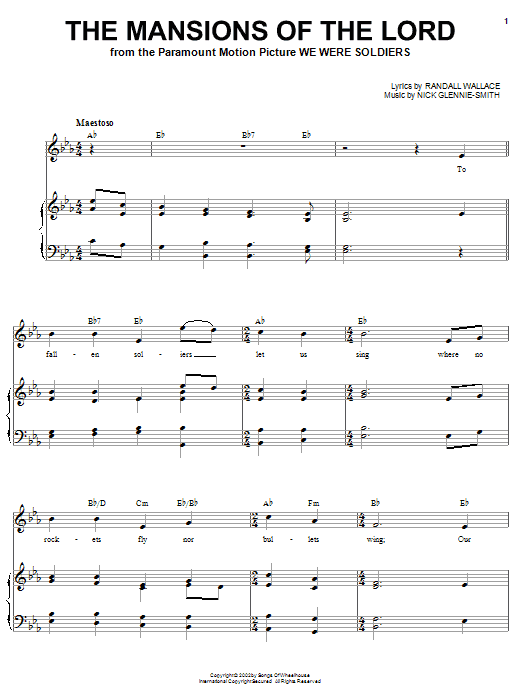 Randall Wallace The Mansions Of The Lord sheet music notes and chords. Download Printable PDF.