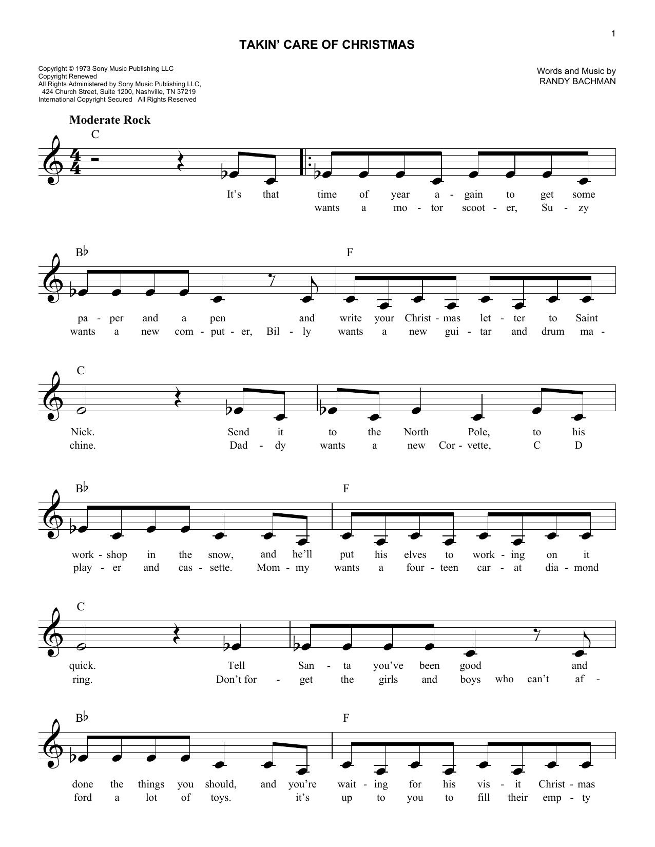 Randy Bachman Takin' Care Of Christmas sheet music notes and chords. Download Printable PDF.