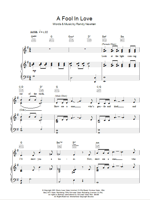 Randy Newman A Fool In Love sheet music notes and chords arranged for Piano, Vocal & Guitar Chords