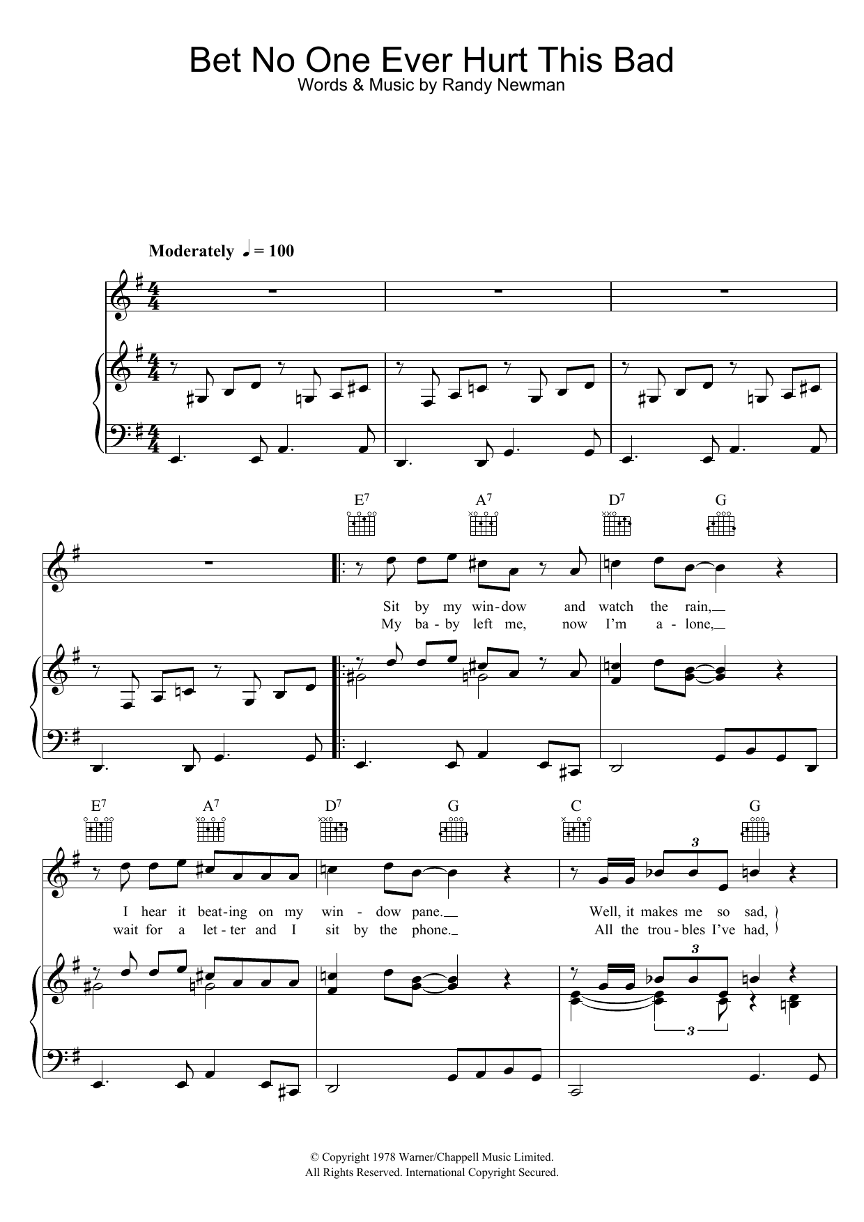 Learn to play Randy Newman Bet No One Ever Hurt This Bad sheet music for Piano, Vocal & Guitar Chords in minutes. Price: 7.8900$ Randy Newman Bet No One Ever Hurt This Bad sheet music notes and chords arranged for Piano, Vocal & Guitar Chords