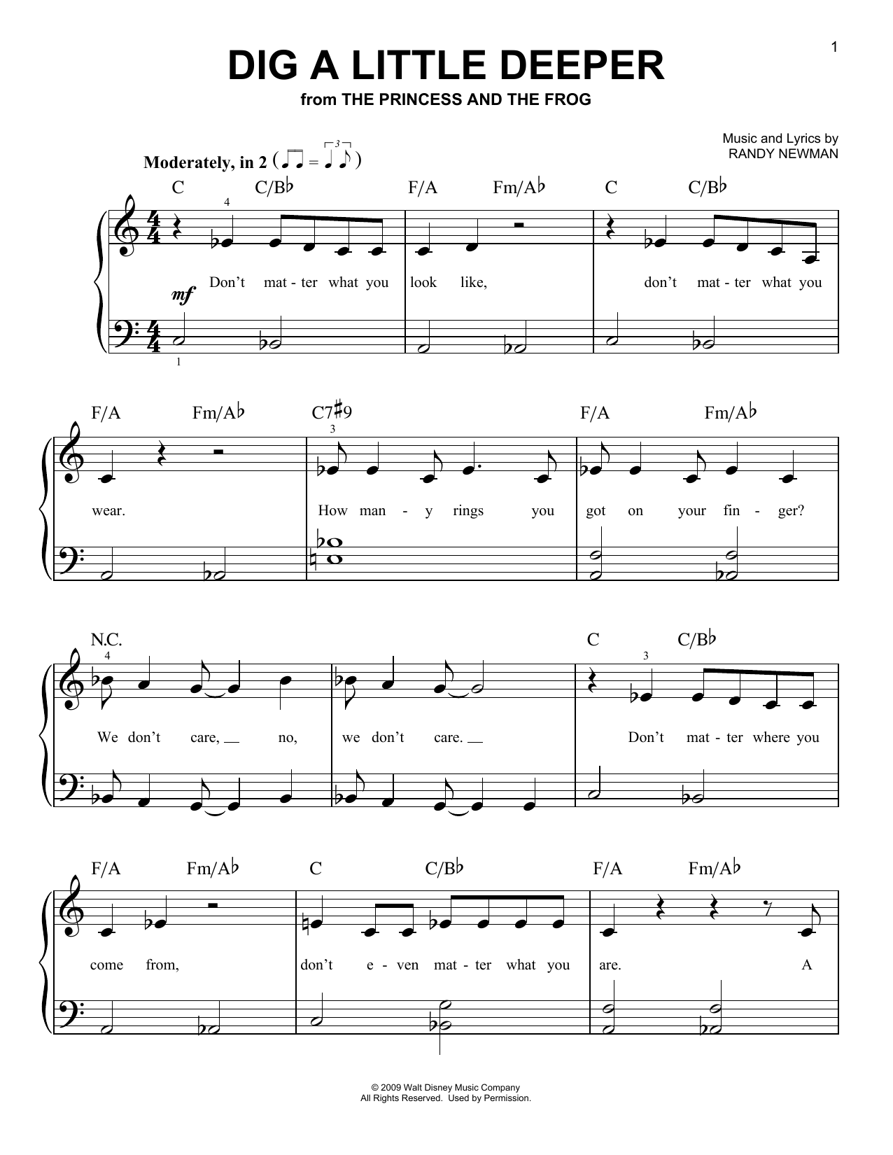 Randy Newman Dig A Little Deeper (from The Princess And The Frog) sheet music notes and chords. Download Printable PDF.