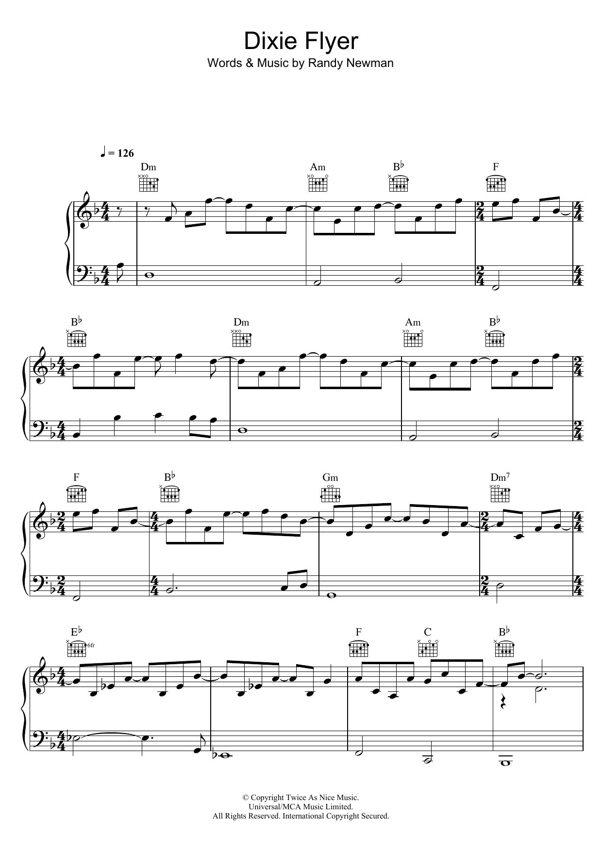 Randy Newman Dixie Flyer sheet music notes and chords. Download Printable PDF.