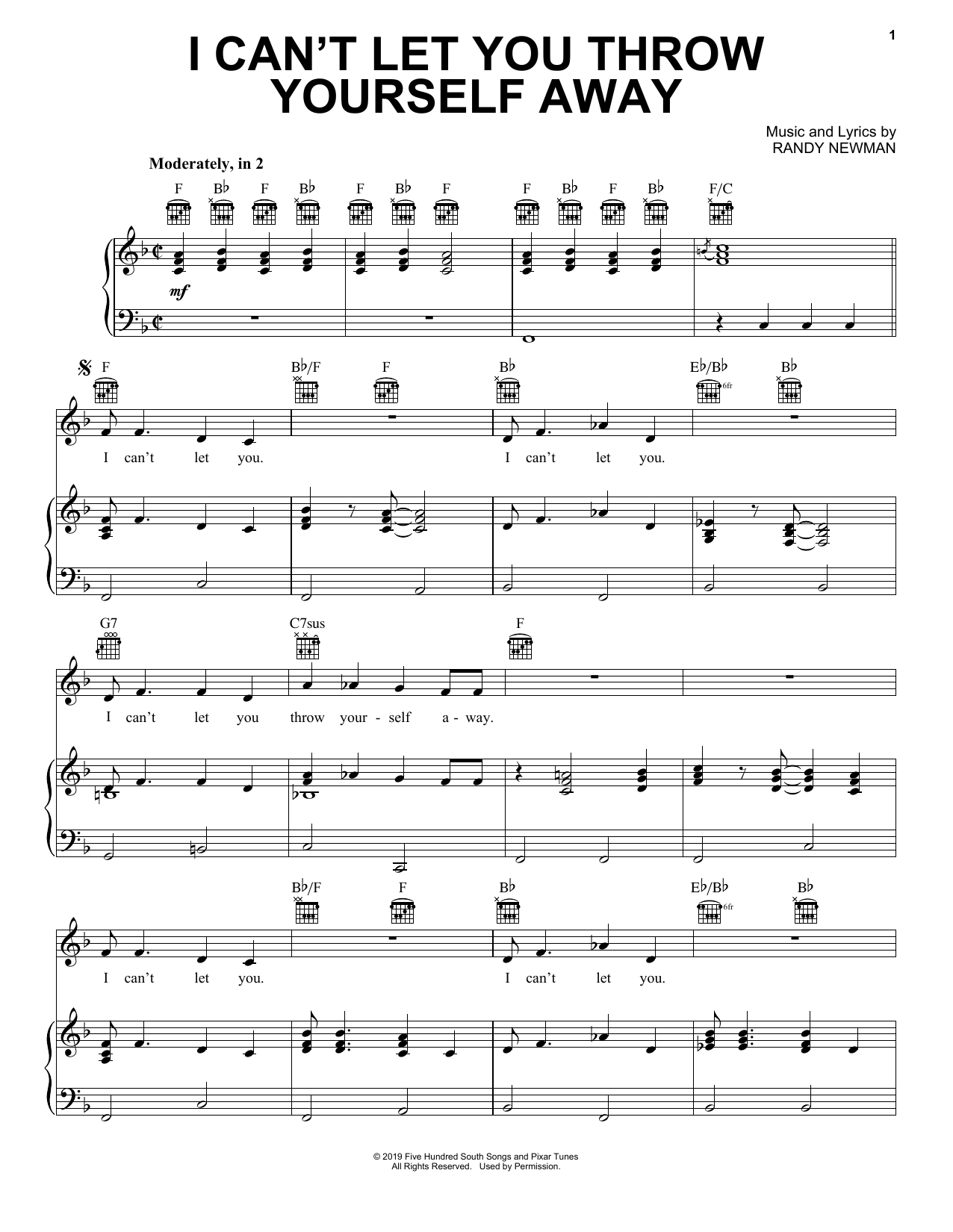 Randy Newman I Can't Let You Throw Yourself Away (from Toy Story 4) sheet music notes and chords. Download Printable PDF.