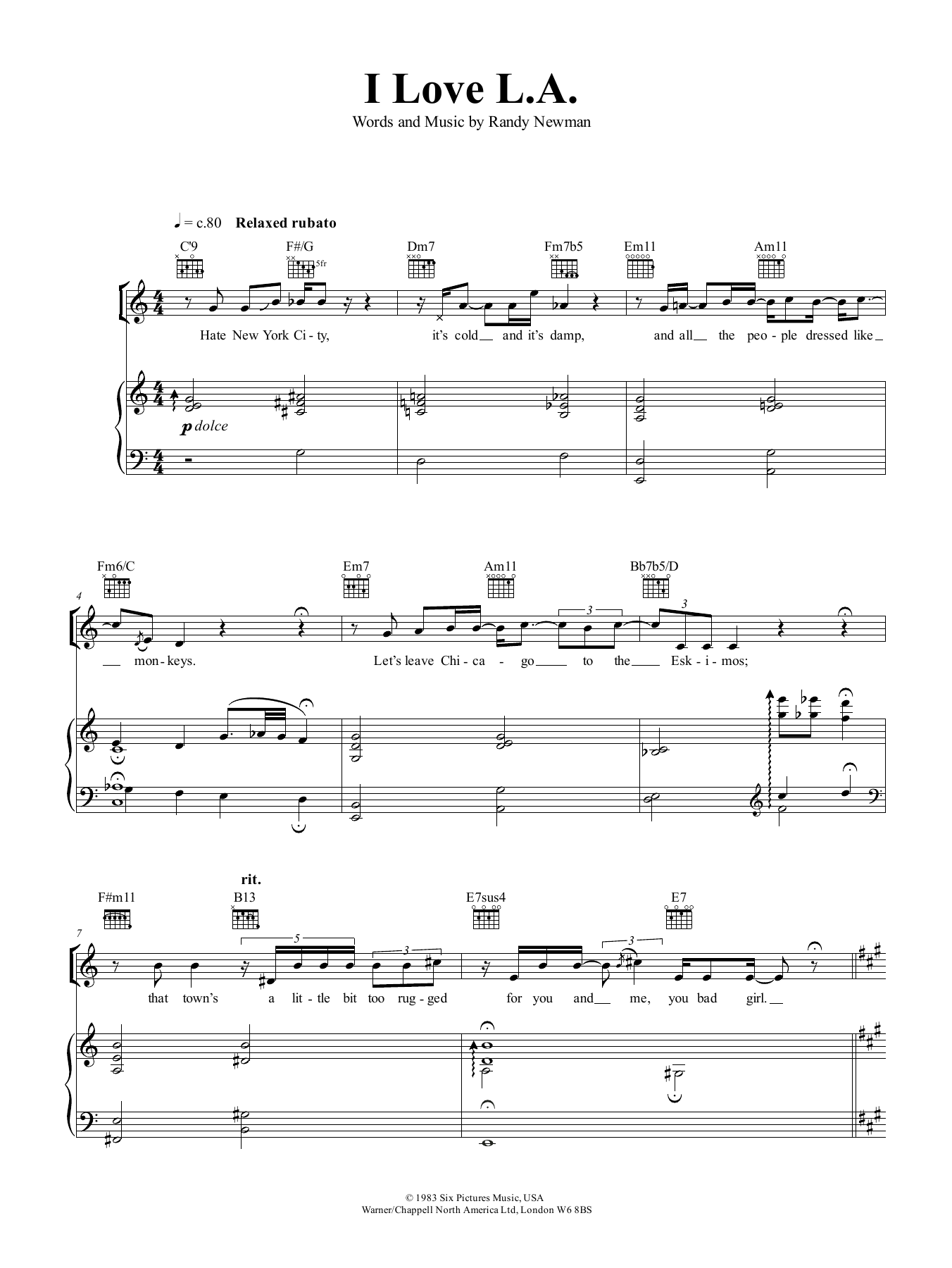 Randy Newman I Love L.A. sheet music notes and chords. Download Printable PDF.