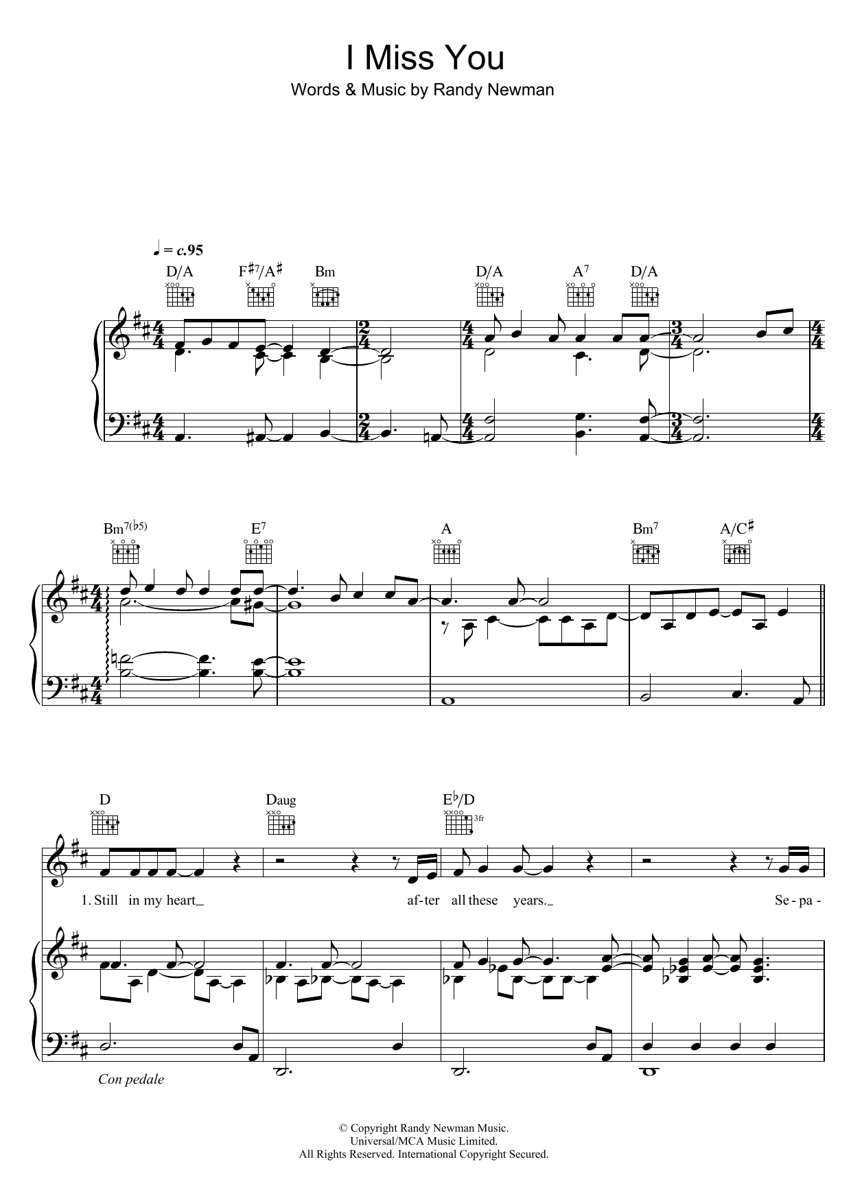 Randy Newman I Miss You sheet music notes and chords arranged for Piano, Vocal & Guitar Chords