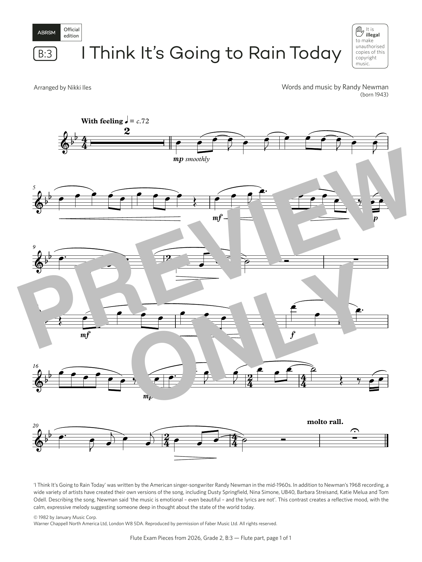 Learn to play Randy Newman I Think It's Going to Rain Today (Grade 2, list B3, from the ABRSM Flute Syllabus from 2026) sheet music for Flute Solo in minutes. Price: 5.9900$ Randy Newman I Think It's Going to Rain Today (Grade 2, list B3, from the ABRSM Flute Syllabus from 2026) sheet music notes and chords arranged for Flute Solo