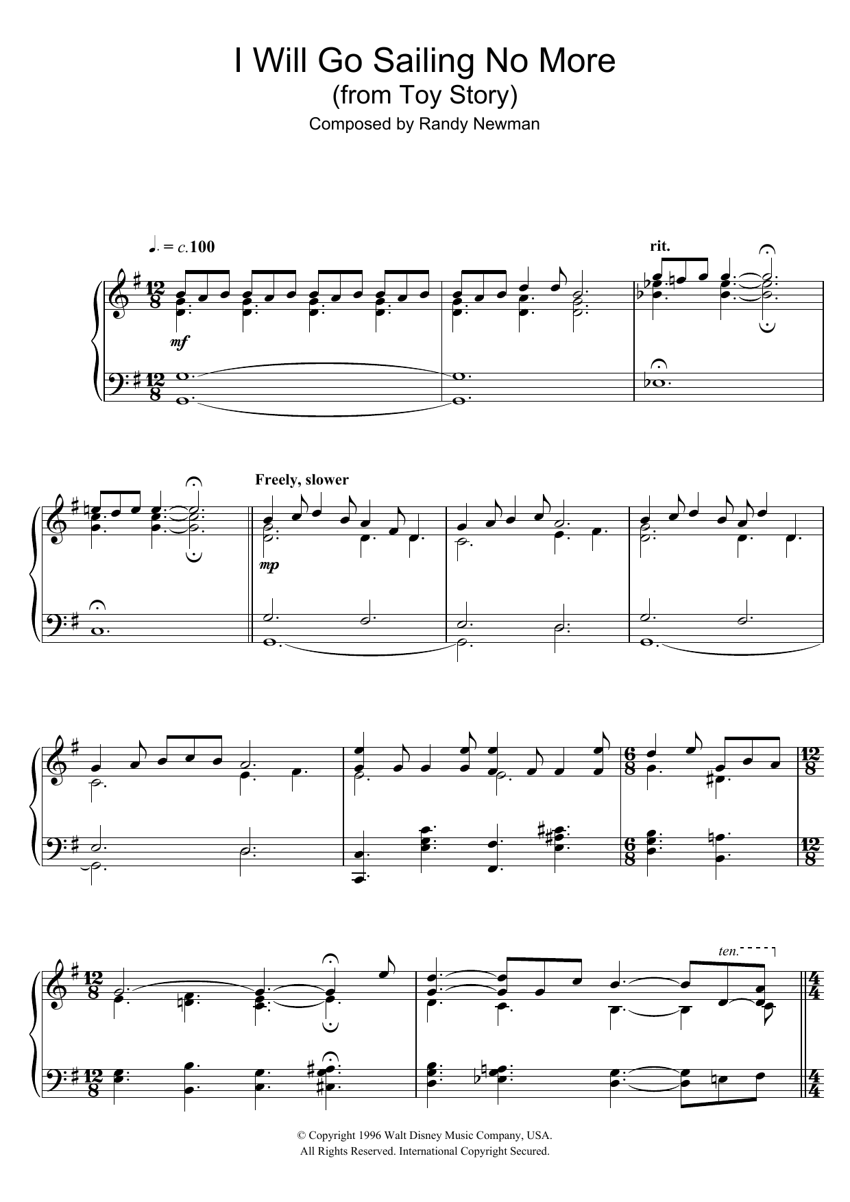 Randy Newman I Will Go Sailing No More (from Toy Story) sheet music notes and chords arranged for Easy Piano