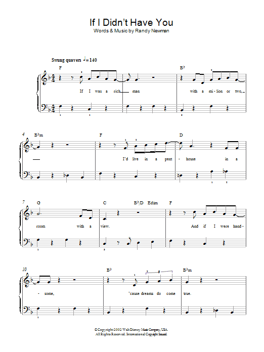 Learn to play Randy Newman If I Didn't Have You (from Monsters, Inc.) sheet music for Easy Piano in minutes. Price: 6.9900$ Randy Newman If I Didn't Have You (from Monsters, Inc.) sheet music notes and chords arranged for Easy Piano