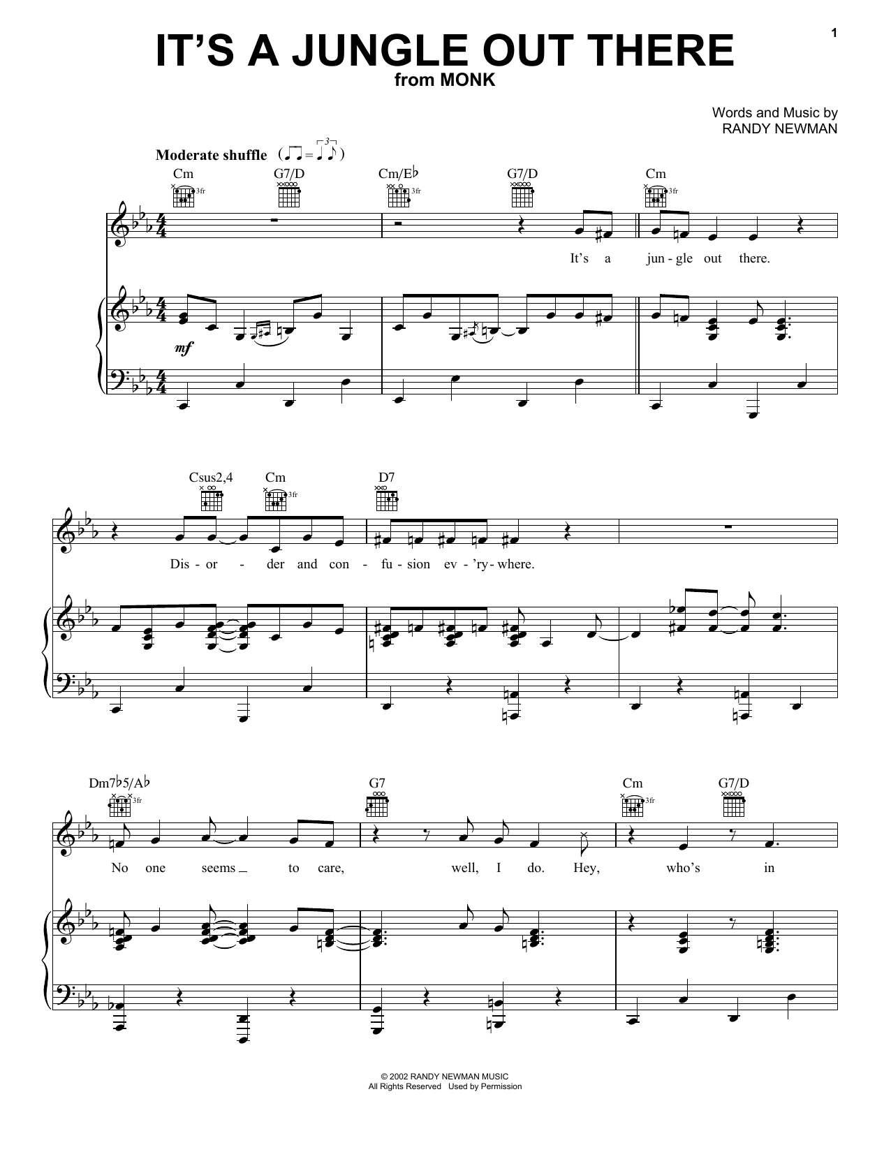 Randy Newman It's A Jungle Out There (from Monk) sheet music notes and chords. Download Printable PDF.