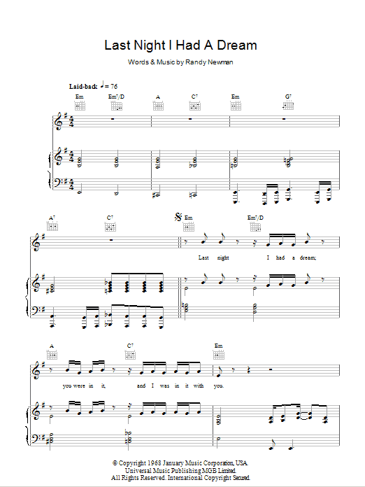 Randy Newman Last Night I Had A Dream sheet music notes and chords arranged for Piano, Vocal & Guitar Chords