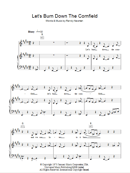 Randy Newman Let's Burn Down The Cornfield sheet music notes and chords arranged for Piano, Vocal & Guitar Chords