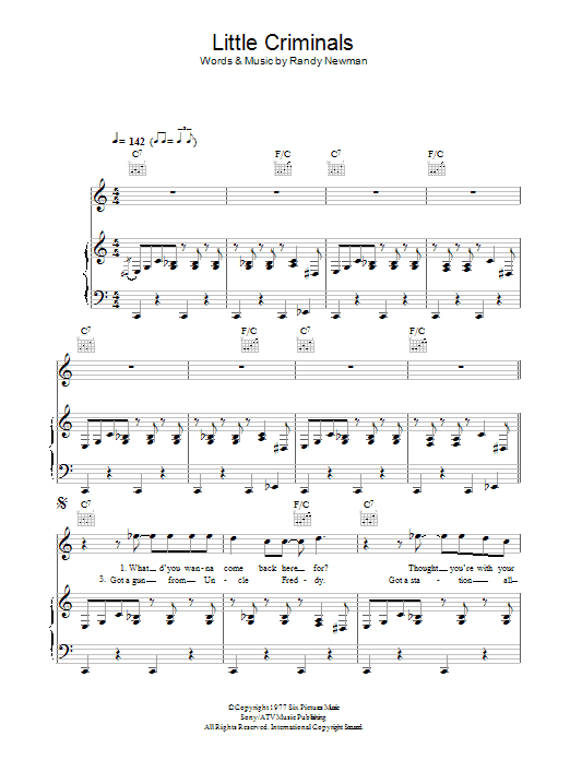 Learn to play Randy Newman Little Criminals sheet music for Piano, Vocal & Guitar Chords in minutes. Price: 7.8900$ Randy Newman Little Criminals sheet music notes and chords arranged for Piano, Vocal & Guitar Chords