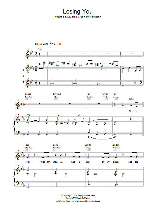 Randy Newman Losing You sheet music notes and chords arranged for Piano, Vocal & Guitar Chords