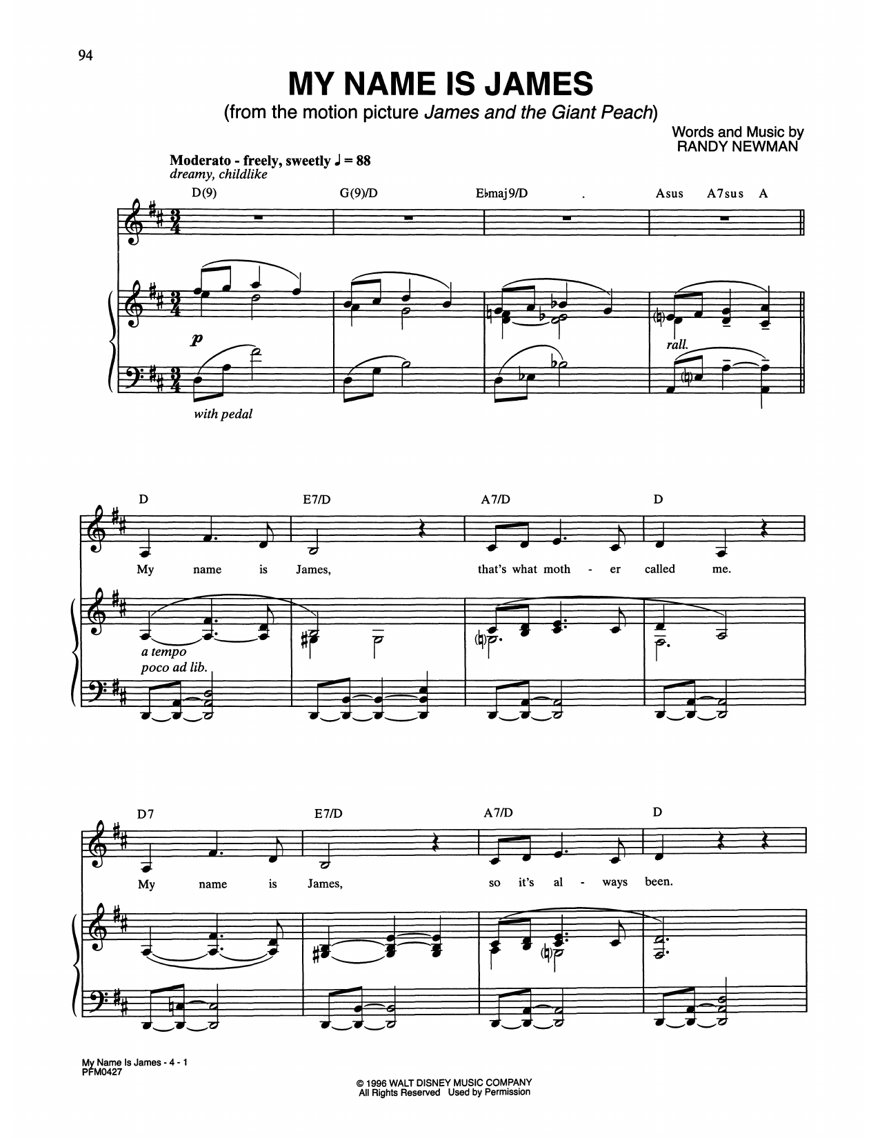 Randy Newman My Name Is James (from James and the Giant Peach) sheet music notes and chords. Download Printable PDF.