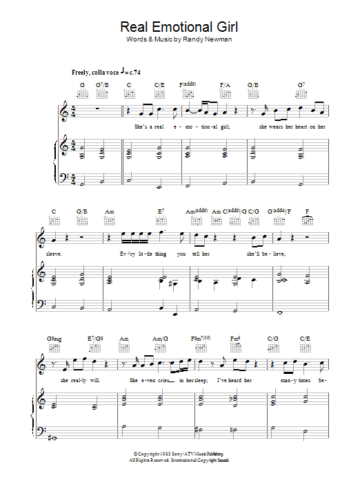 Learn to play Randy Newman Real Emotional Girl sheet music for Piano, Vocal & Guitar Chords in minutes. Price: 7.8900$ Randy Newman Real Emotional Girl sheet music notes and chords arranged for Piano, Vocal & Guitar Chords