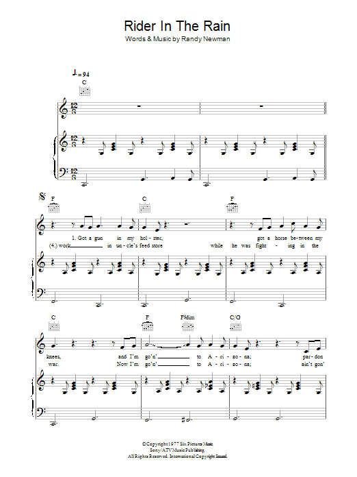 Randy Newman Rider In The Rain sheet music notes and chords arranged for Piano, Vocal & Guitar Chords