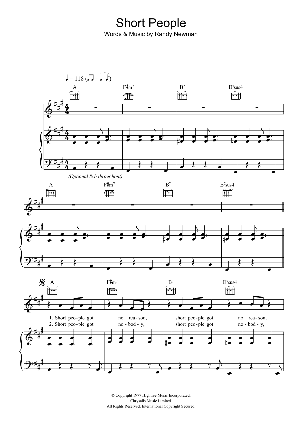 Randy Newman Short People sheet music notes and chords. Download Printable PDF.