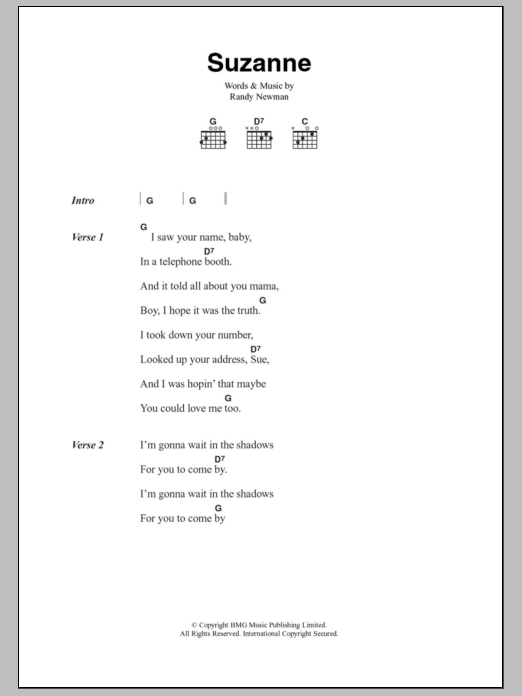 Randy Newman Suzanne sheet music notes and chords arranged for Guitar Chords/Lyrics