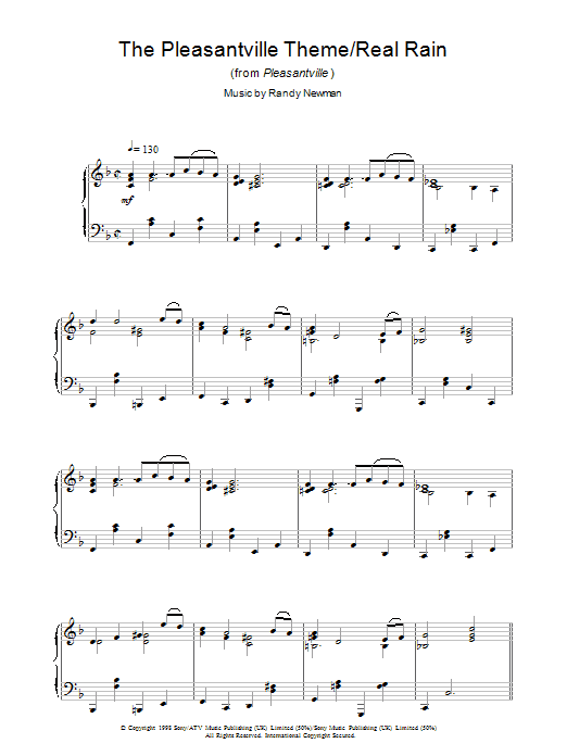 Randy Newman The Pleasantville Theme/Real Rain (from Pleasantville) sheet music notes and chords arranged for Piano Solo