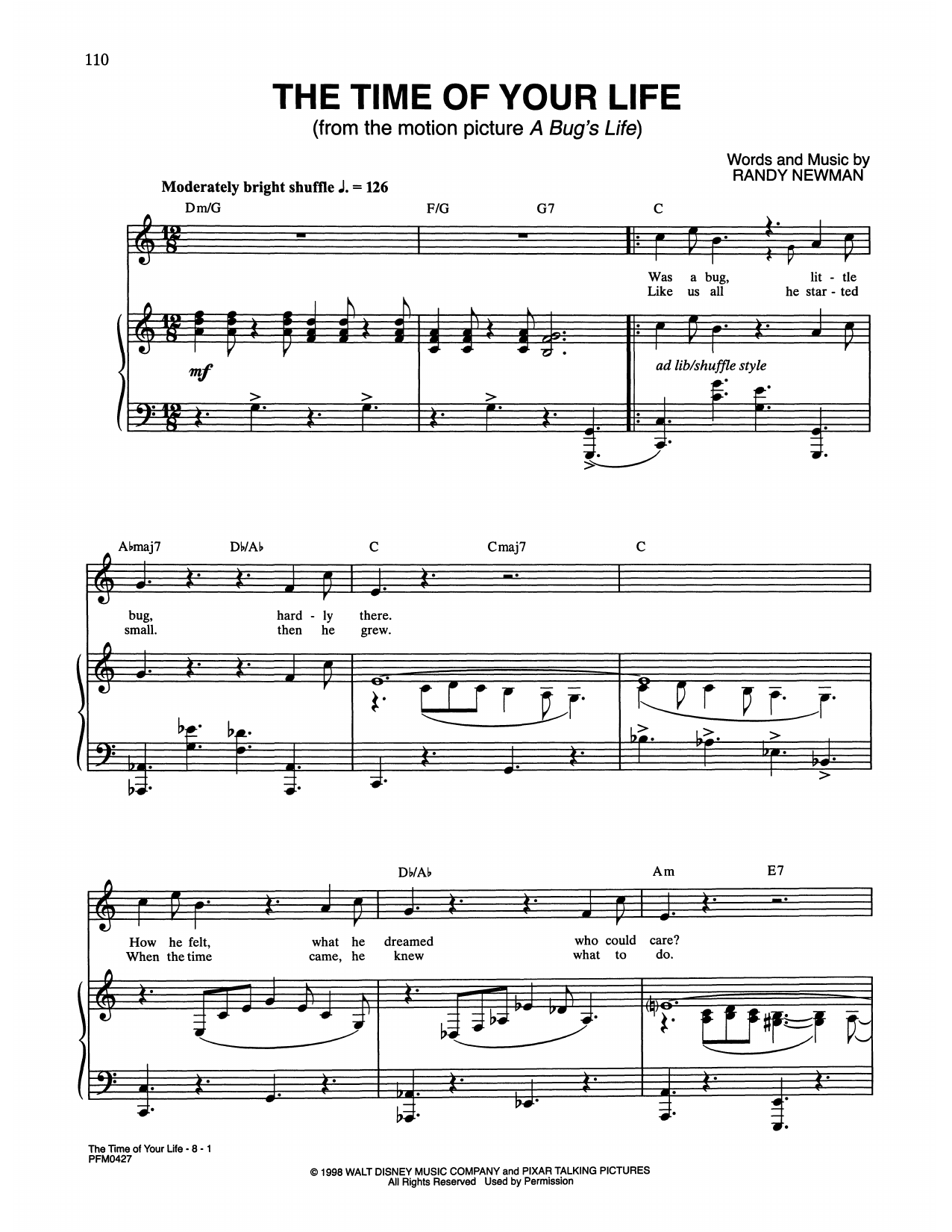 Randy Newman The Time Of Your Life (from A Bug's Life) sheet music notes and chords arranged for Piano & Vocal