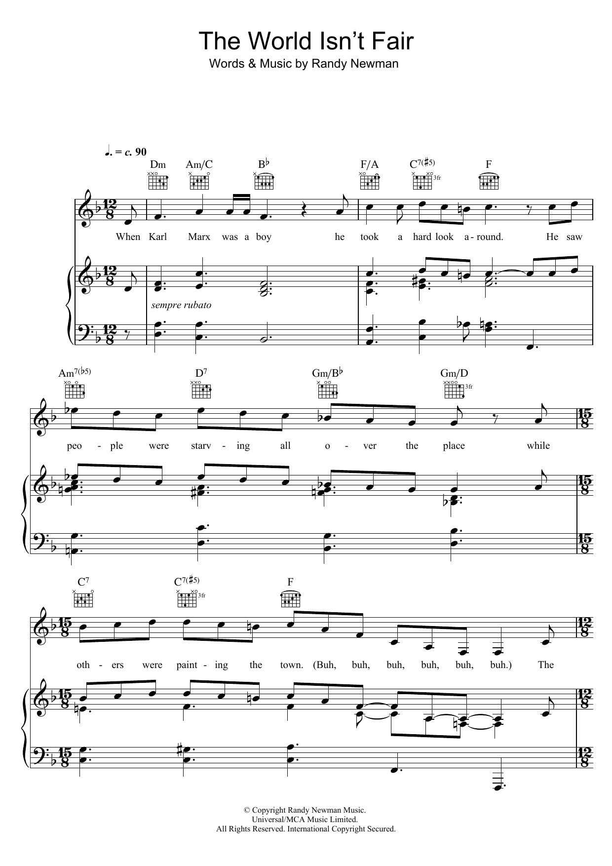 Learn to play Randy Newman The World Isn't Fair sheet music for Piano, Vocal & Guitar Chords in minutes. Price: 7.8900$ Randy Newman The World Isn't Fair sheet music notes and chords arranged for Piano, Vocal & Guitar Chords