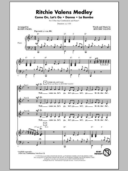 Learn to play Randy Pagel Ritchie Valens Medley sheet music for 3-Part Mixed Choir in minutes. Price: 3.9900$ Randy Pagel Ritchie Valens Medley sheet music notes and chords arranged for 3-Part Mixed Choir