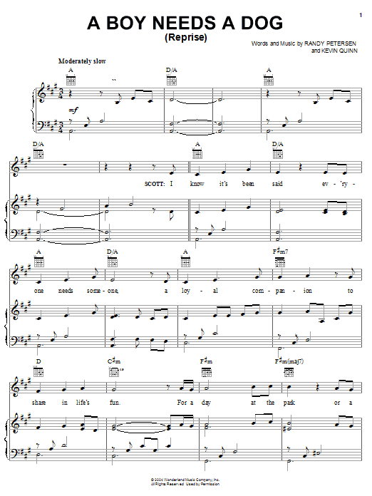 Learn to play Randy Petersen A Boy Needs A Dog (Reprise) (from Disney's Teacher's Pet) sheet music for Piano, Vocal & Guitar Chords (Right-Hand Melody) in minutes. Price: 7.8900$ Randy Petersen A Boy Needs A Dog (Reprise) (from Disney's Teacher's Pet) sheet music notes and chords arranged for Piano, Vocal & Guitar Chords (Right-Hand Melody)