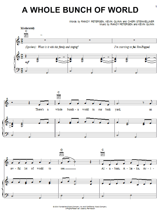 Learn to play Randy Petersen A Whole Bunch Of World (from Disney's Teacher's Pet) sheet music for Piano, Vocal & Guitar Chords (Right-Hand Melody) in minutes. Price: 7.8900$ Randy Petersen A Whole Bunch Of World (from Disney's Teacher's Pet) sheet music notes and chords arranged for Piano, Vocal & Guitar Chords (Right-Hand Melody)