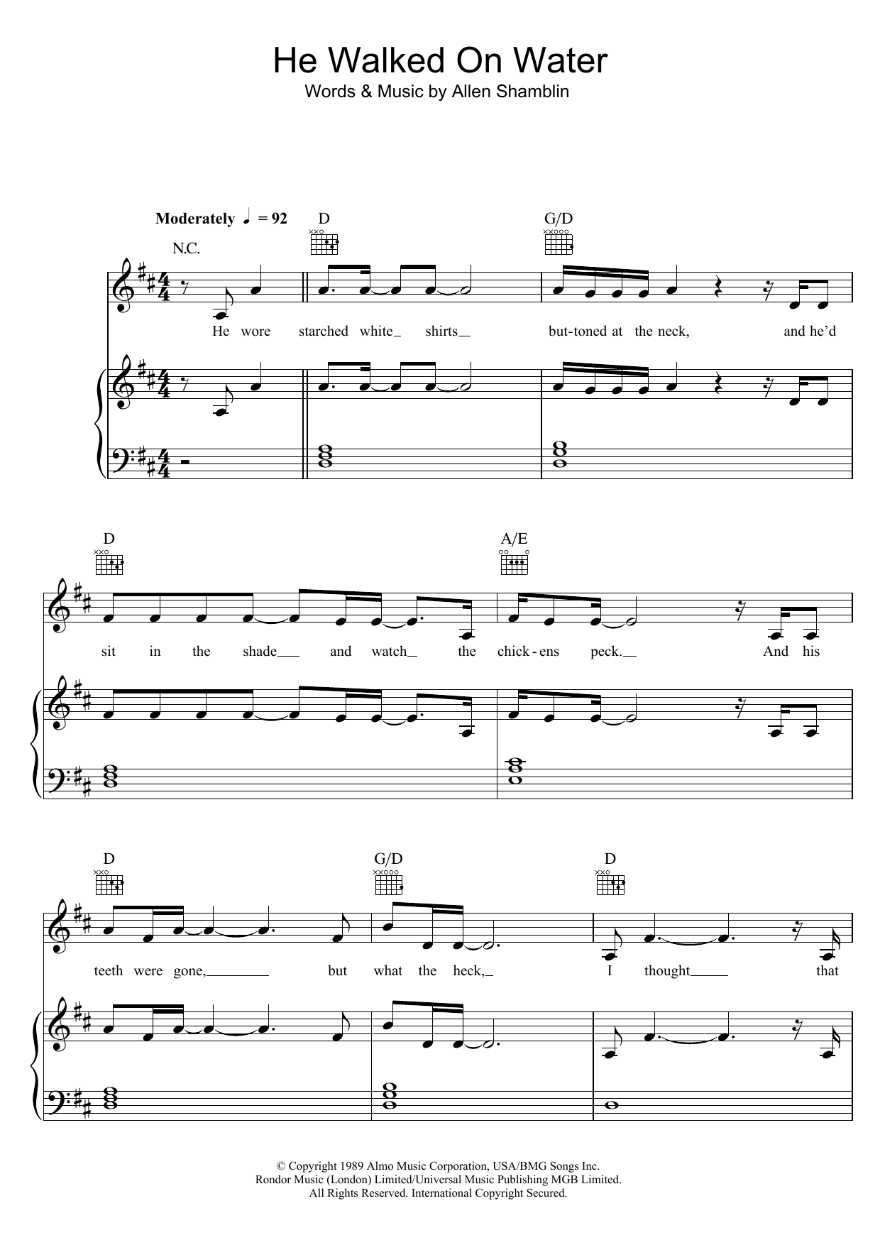 Randy Travis He Walked On Water sheet music notes and chords arranged for Piano, Vocal & Guitar Chords