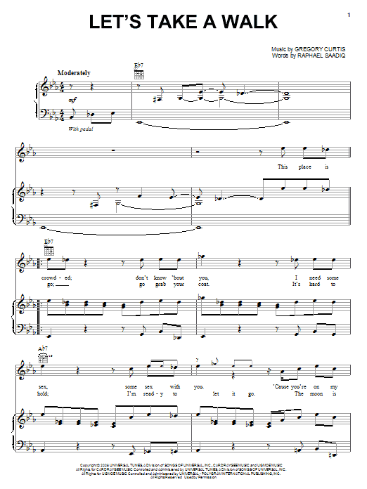 Learn to play Raphael Saadiq Let's Take A Walk sheet music for Piano, Vocal & Guitar Chords (Right-Hand Melody) in minutes. Price: 7.8900$ Raphael Saadiq Let's Take A Walk sheet music notes and chords arranged for Piano, Vocal & Guitar Chords (Right-Hand Melody)